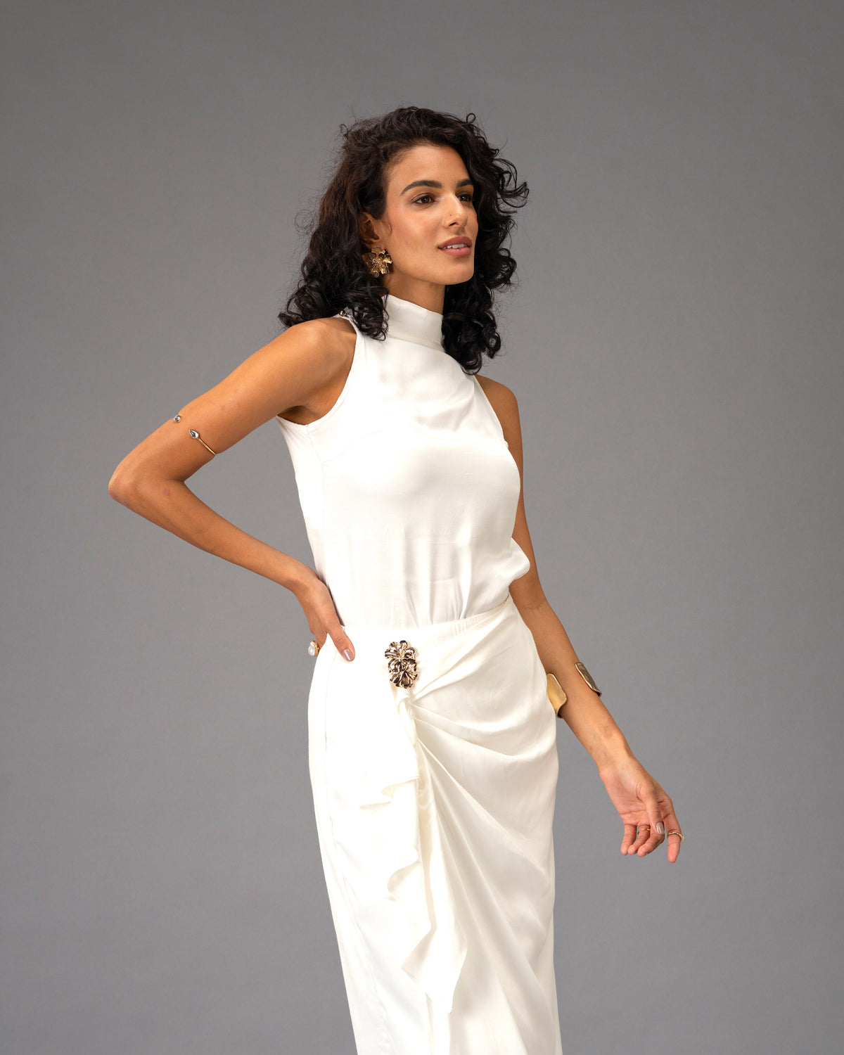 Silken Armour White Draped Maxi Skirt with Gold Detail
