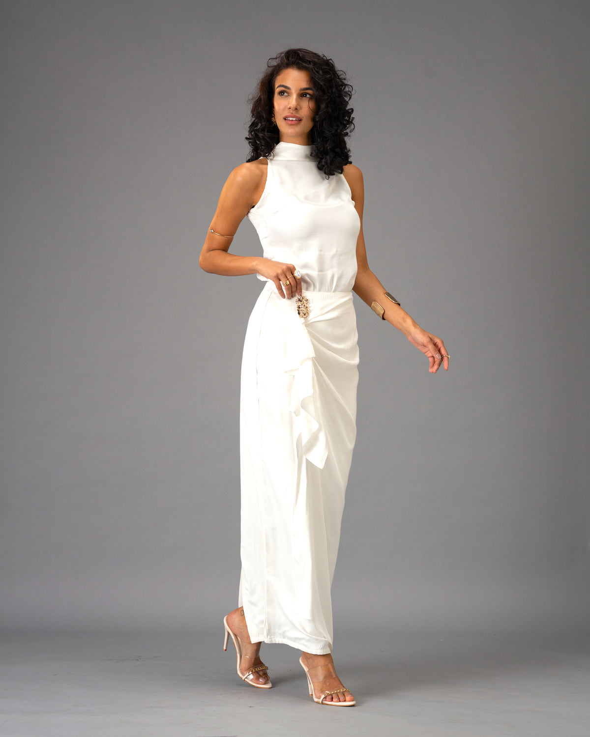 Silken Armour White Draped Maxi Skirt with Gold Detail