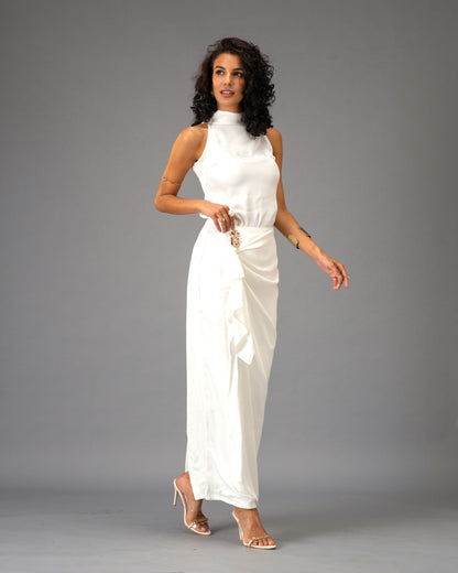 Silken Armour White Draped Maxi Skirt with Gold Detail