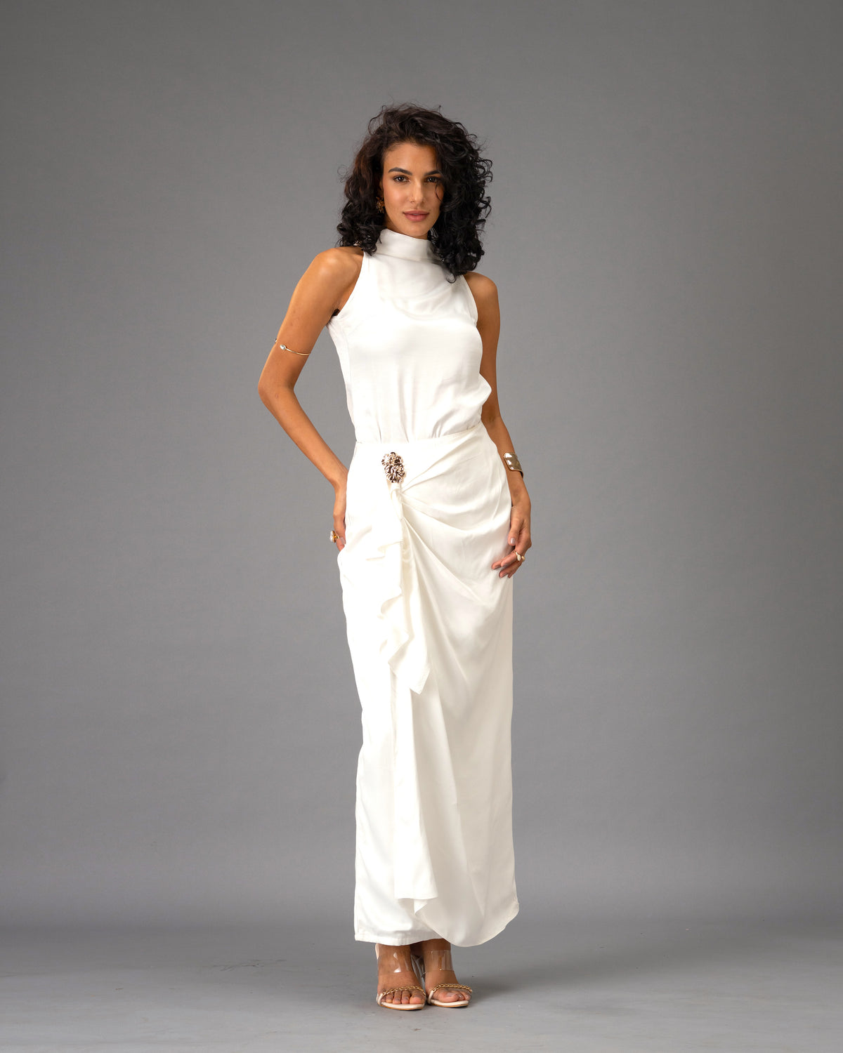 Silken Armour White Draped Maxi Skirt with Gold Detail
