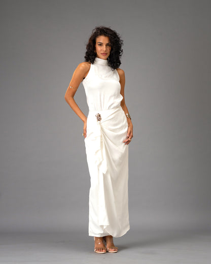 Silken Armour White Draped Maxi Skirt with Gold Detail