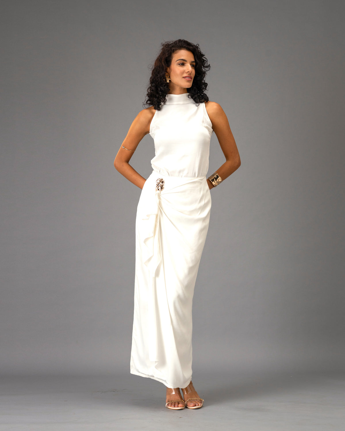 Silken Armour White Draped Maxi Skirt with Gold Detail