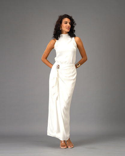 Silken Armour White Draped Maxi Skirt with Gold Detail