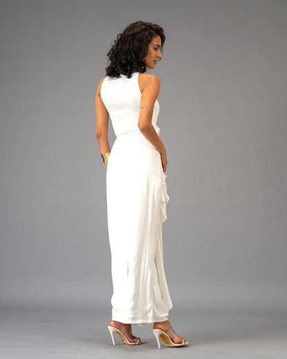 Silken Armour White Draped Maxi Skirt with Gold Detail