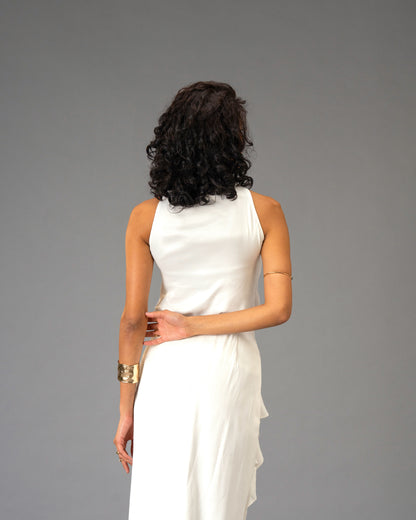 Silken Armour White Draped Maxi Skirt with Gold Detail