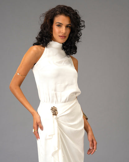 Silken Armour White Draped Maxi Skirt with Gold Detail