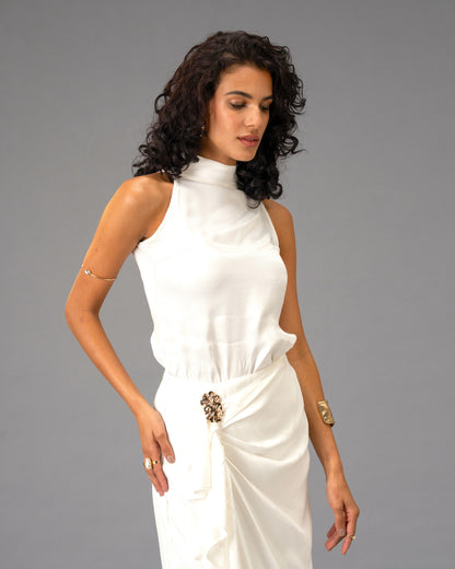 Silken Armour White Draped Maxi Skirt with Gold Detail