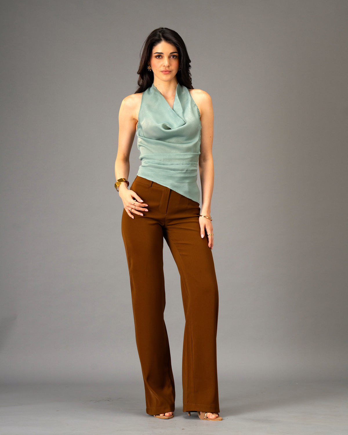 Mocha Silk Sage Color Brushed Satin Tie-Neck Top