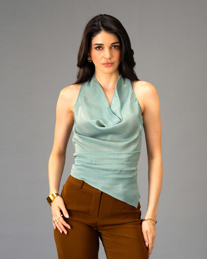 Mocha Silk Sage Color Brushed Satin Tie-Neck Top