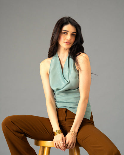 Mocha Silk Sage Color Brushed Satin Tie-Neck Top