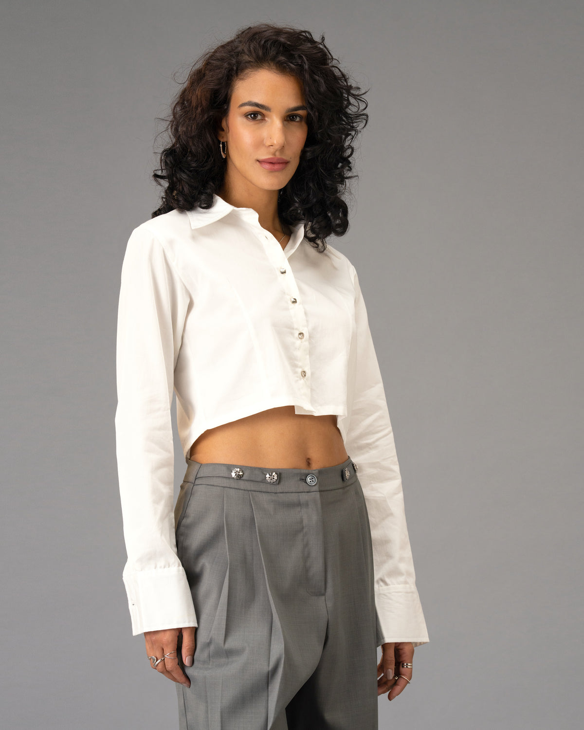 Silver State Cropped Premium Cotton Satin White Shirt