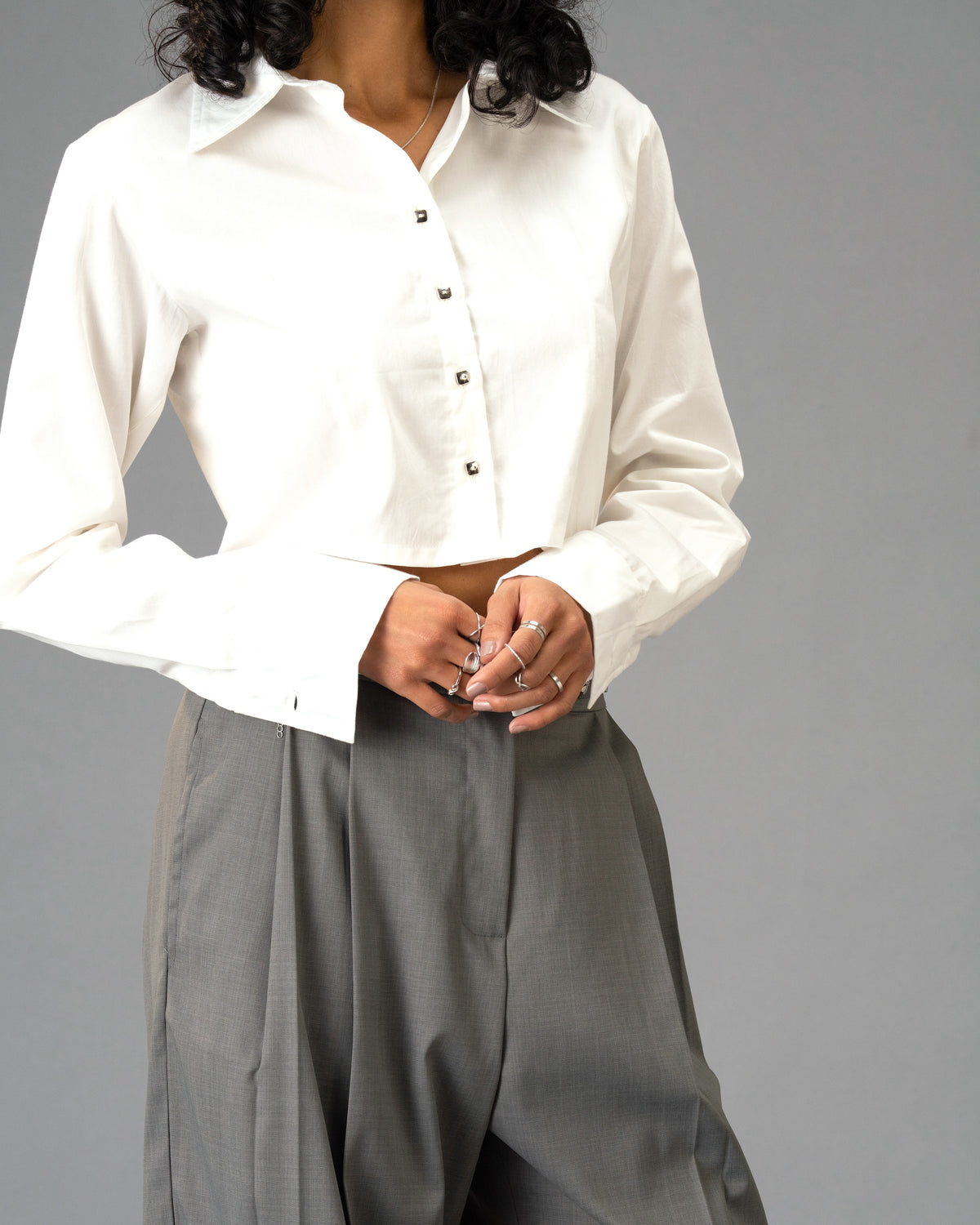 Silver State Cropped Premium Cotton Satin White Shirt