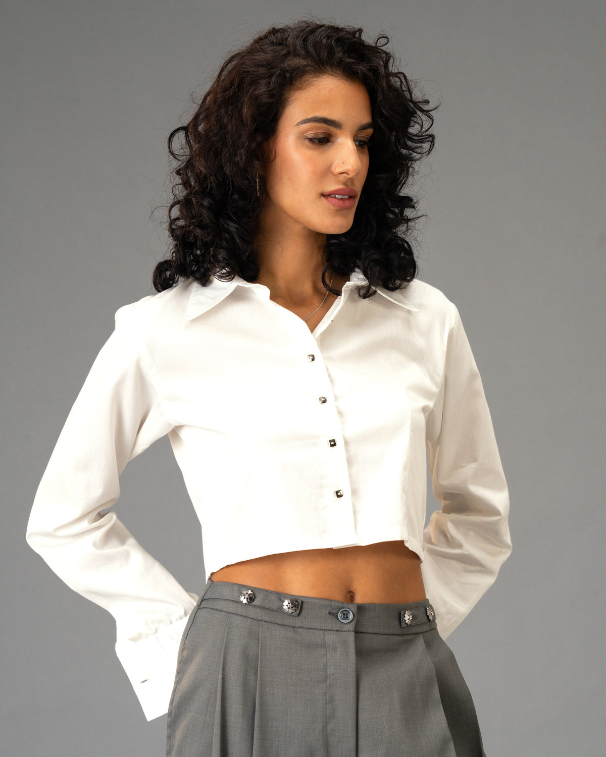 Silver State Grey 3-piece Co-Ord Set - Corset Top, Cropped White Shirt and Wide Leg Trousers