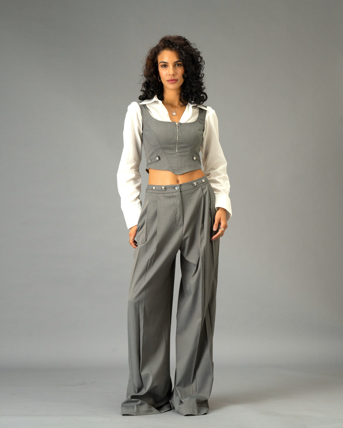 Silver State Grey Corset Top with Silver Flower Detail and Metallic Zipper front and back