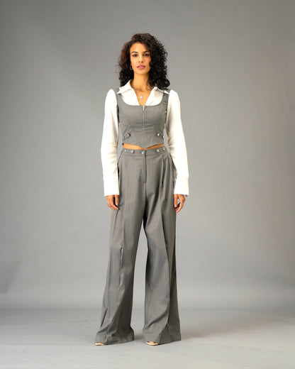 Silver State Grey Corset Top with Silver Flower Detail and Metallic Zipper front and back