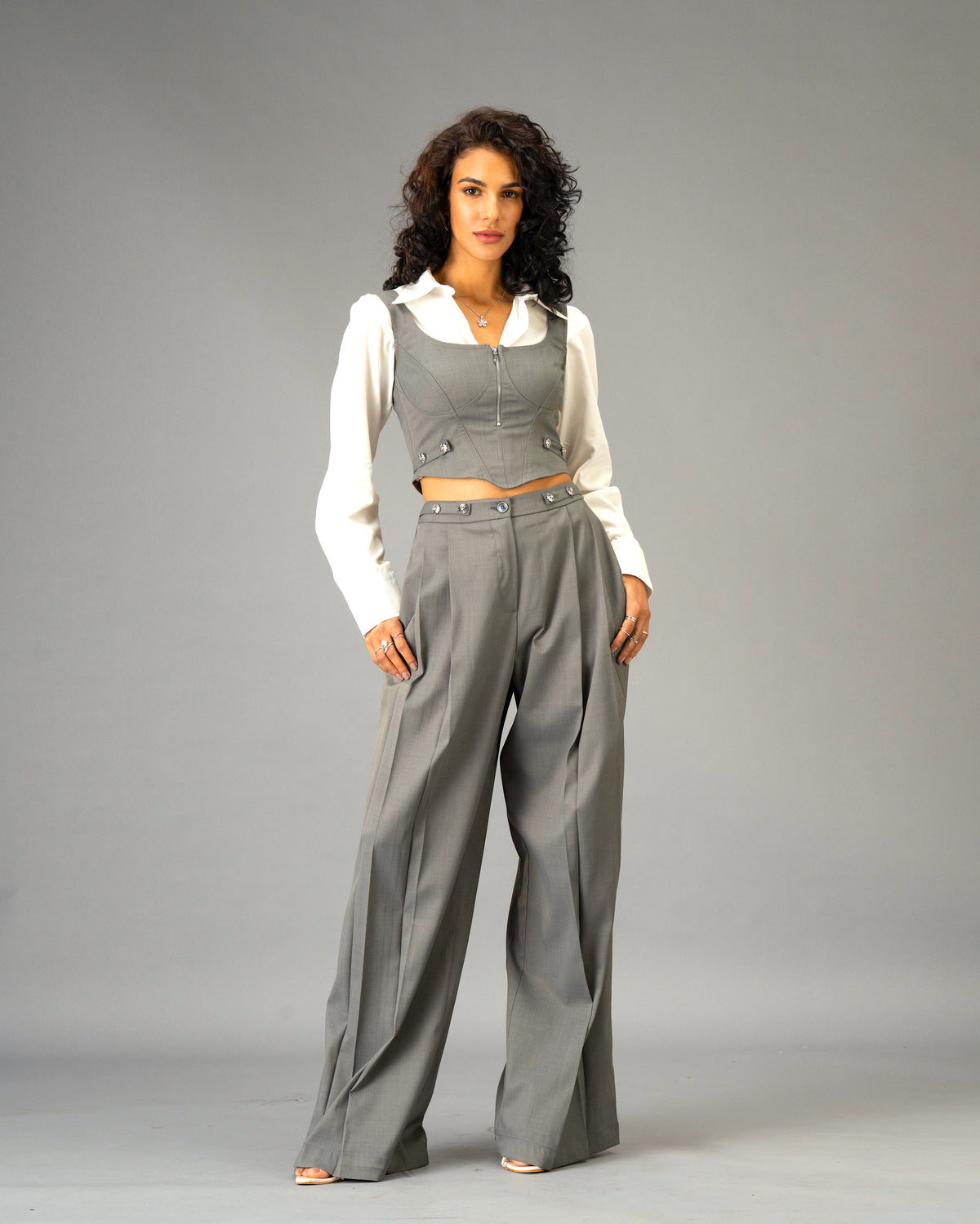 Silver State Grey Corset Top with Silver Flower Detail and Metallic Zipper front and back