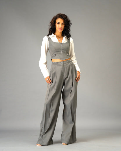 Silver State Grey Corset Top with Silver Flower Detail and Metallic Zipper front and back
