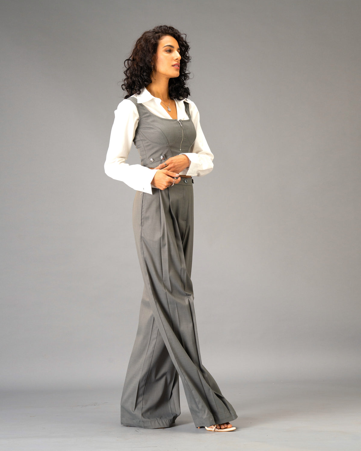 Silver State Grey Corset Top with Silver Flower Detail and Metallic Zipper front and back