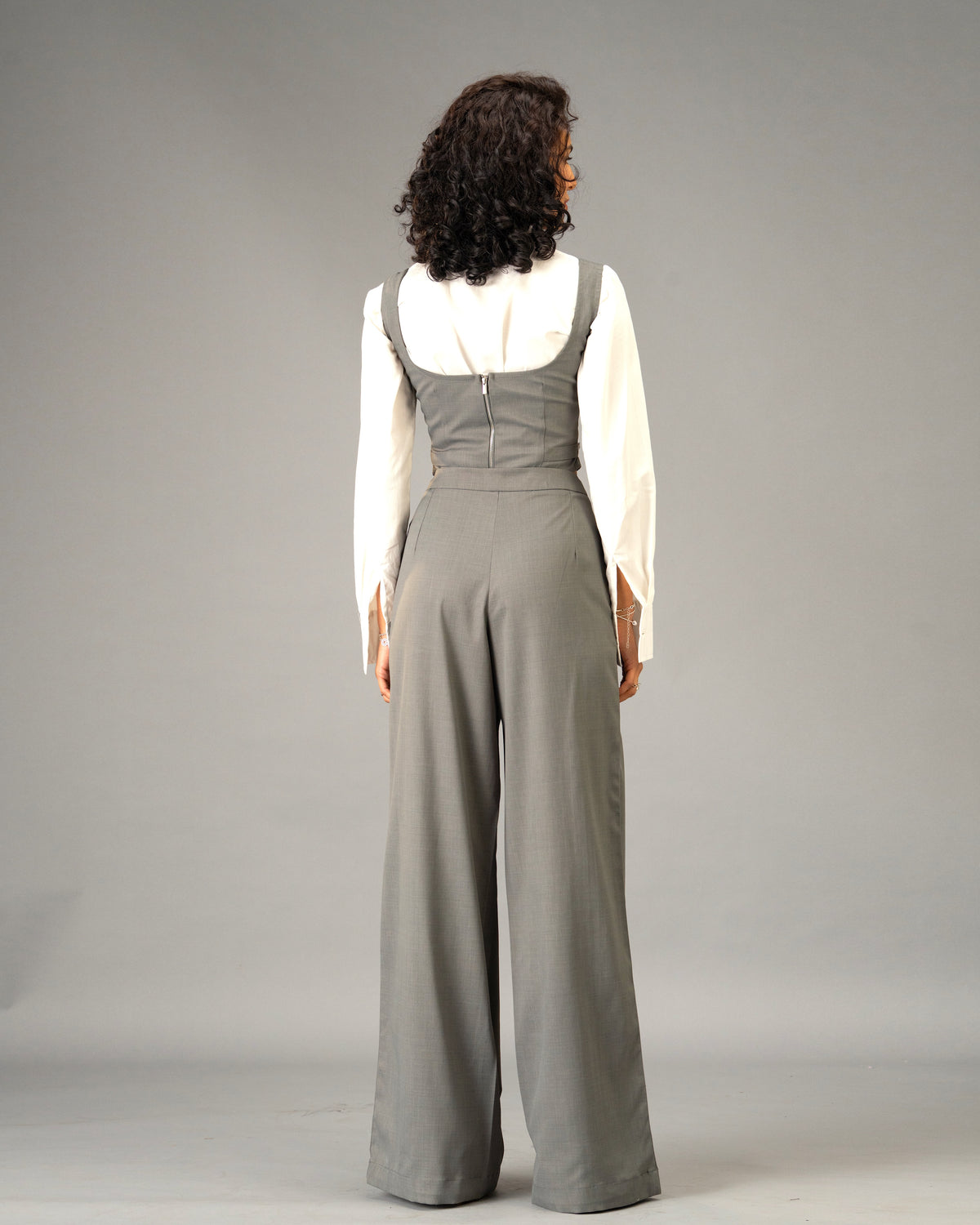 Silver State Grey Corset Top with Silver Flower Detail and Metallic Zipper front and back