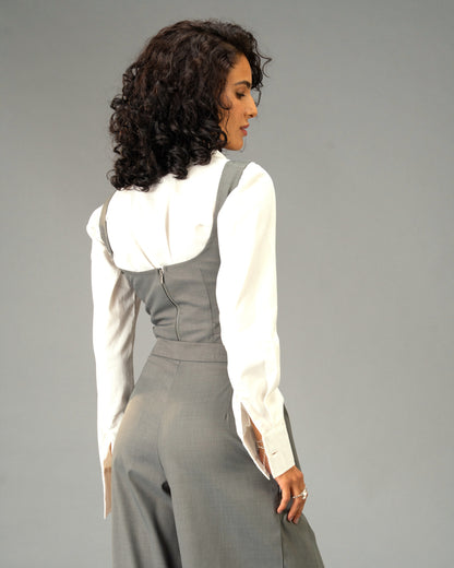 Silver State Grey Corset Top with Silver Flower Detail and Metallic Zipper front and back