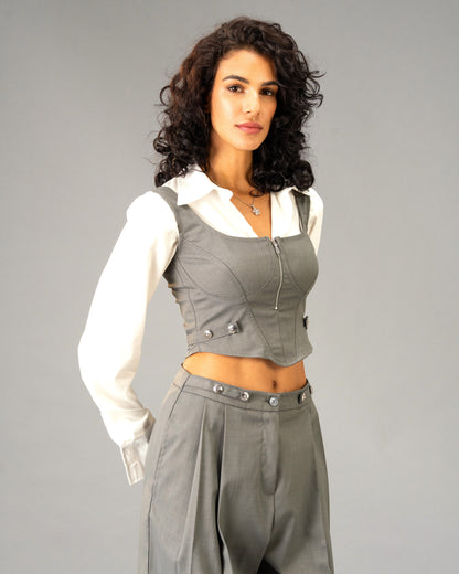 Silver State Grey Corset Top with Silver Flower Detail and Metallic Zipper front and back