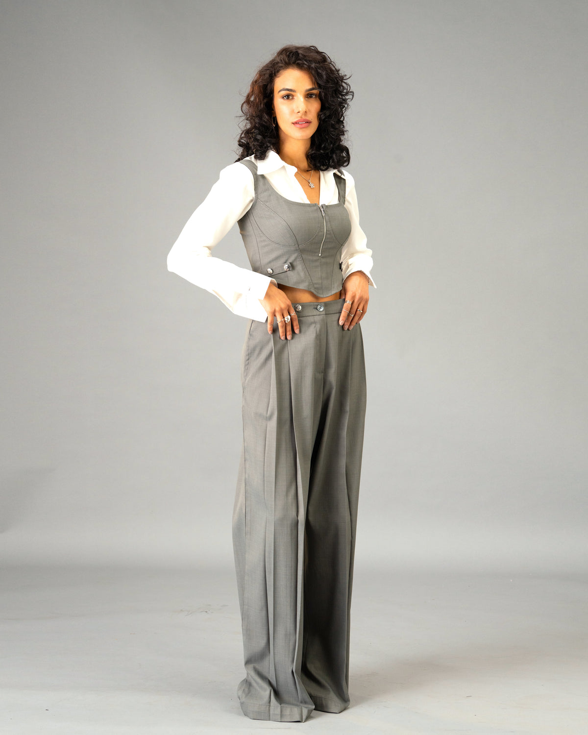 Silver State Grey Corset Top with Silver Flower Detail and Metallic Zipper front and back