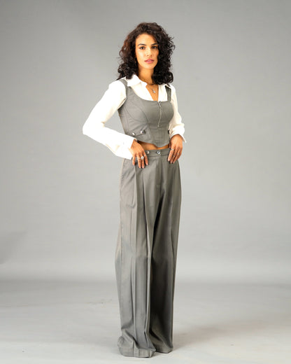 Silver State Grey Corset Top with Silver Flower Detail and Metallic Zipper front and back