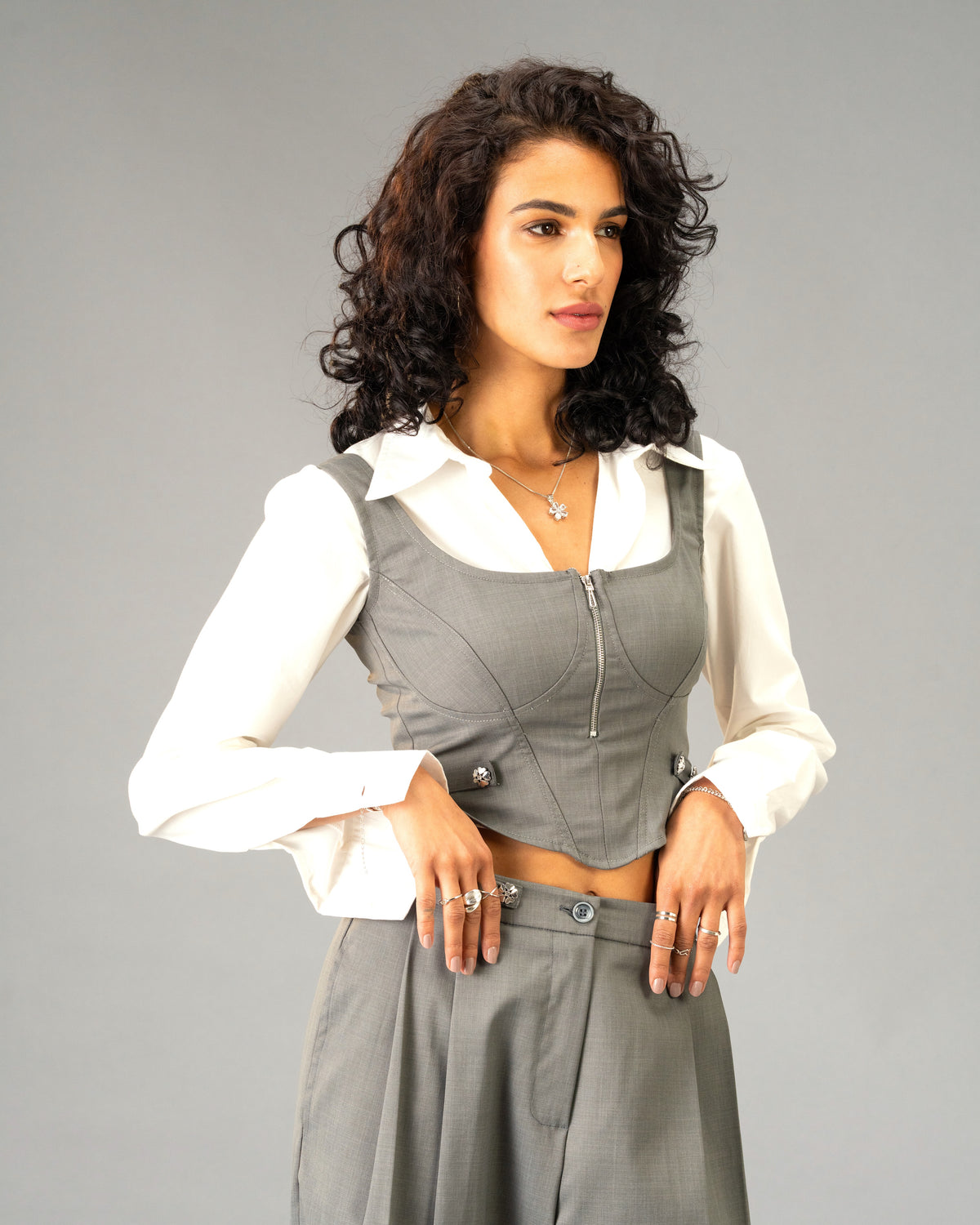 Silver State Grey Corset Top with Silver Flower Detail and Metallic Zipper front and back