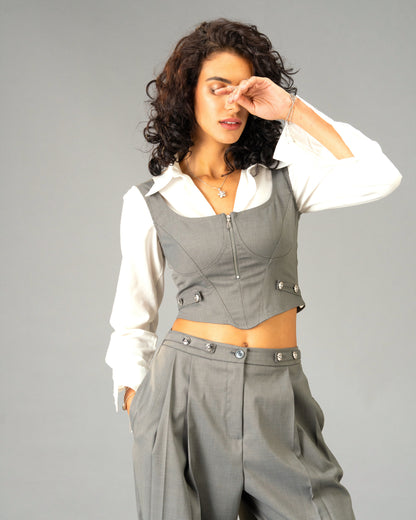 Silver State Grey 3-piece Co-Ord Set - Corset Top, Cropped White Shirt and Wide Leg Trousers