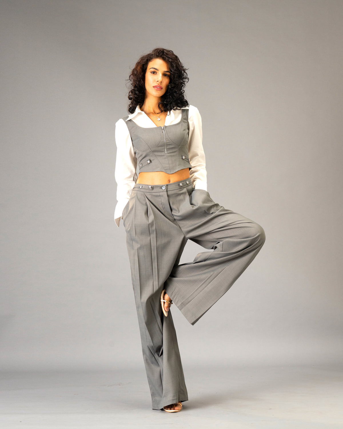 Silver State Grey Corset Top with Silver Flower Detail and Metallic Zipper front and back