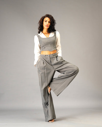 Silver State Grey Corset Top with Silver Flower Detail and Metallic Zipper front and back
