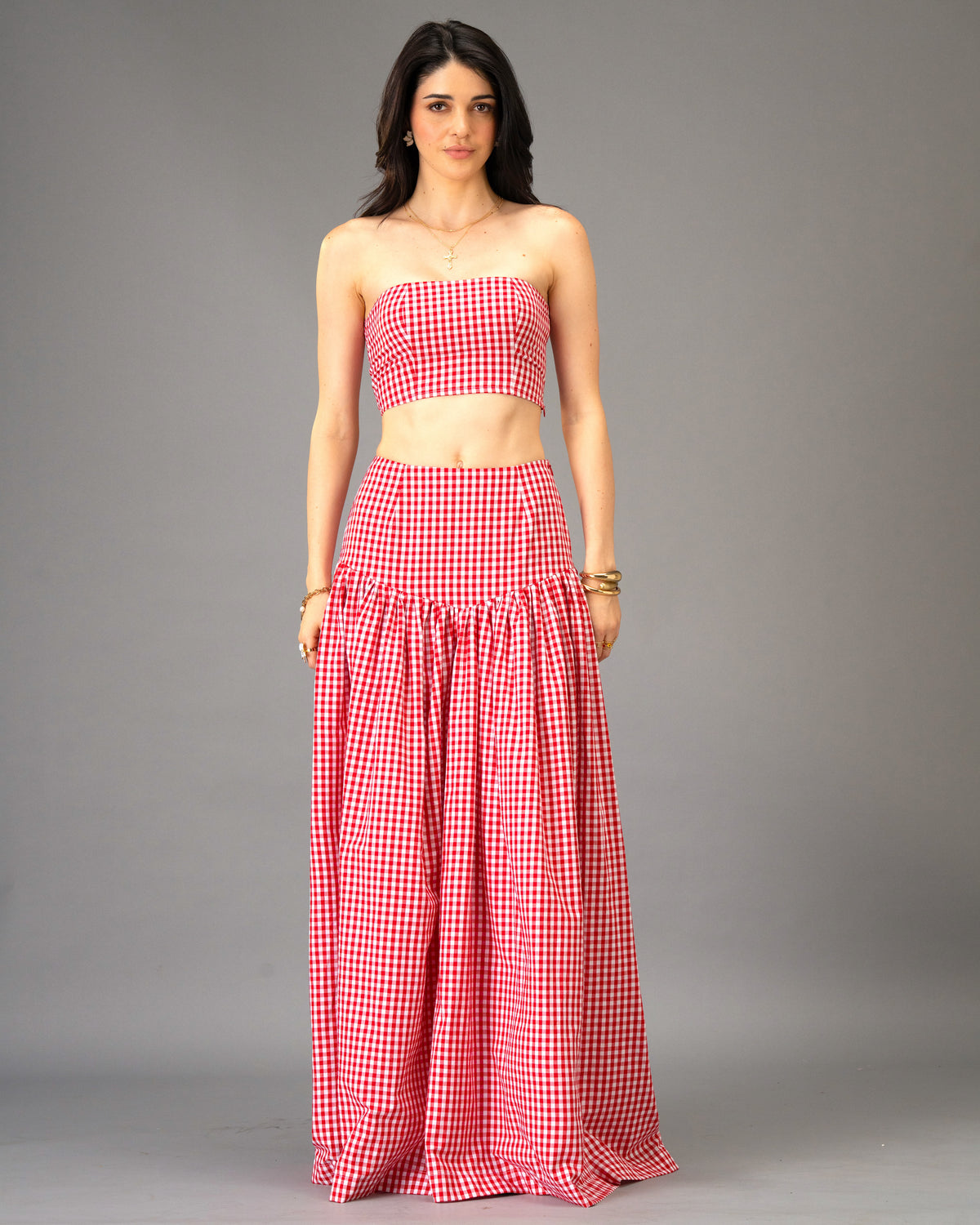 Poppy Field Orange Gingham Bandeau Top and Tiered Maxi Skirt Co-Ord Set
