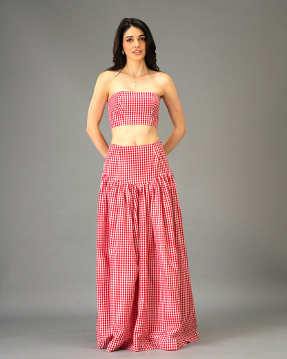 Poppy Field Orange Gingham Bandeau Top and Tiered Maxi Skirt Co-Ord Set