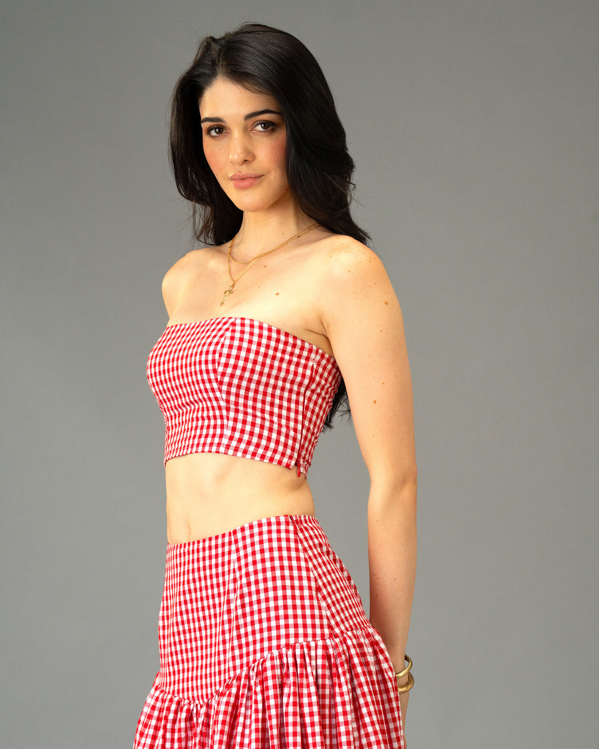Poppy Field Orange Gingham Tiered Maxi Skirt