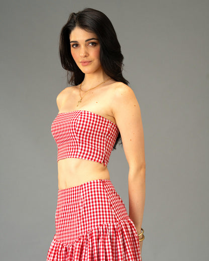 Poppy Field Orange Gingham Tiered Maxi Skirt