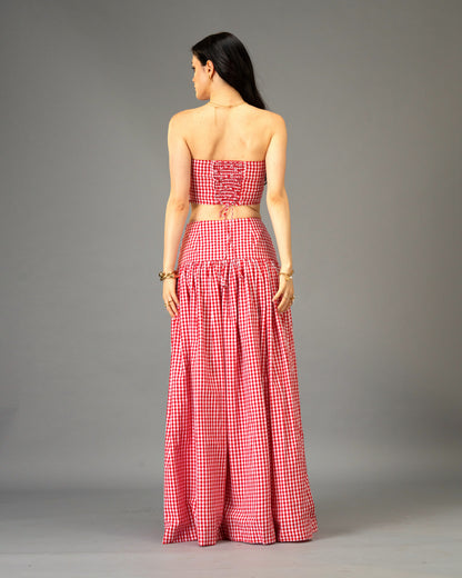 Poppy Field Orange Gingham Bandeau Top and Tiered Maxi Skirt Co-Ord Set