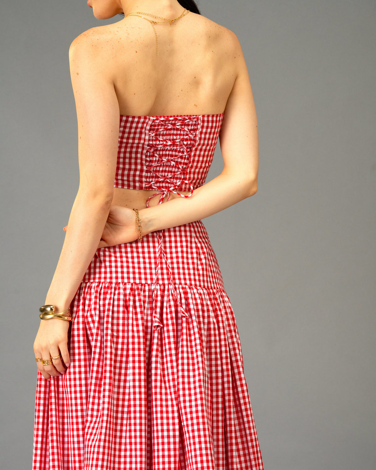 Poppy Field Orange Gingham Bandeau Top and Tiered Maxi Skirt Co-Ord Set