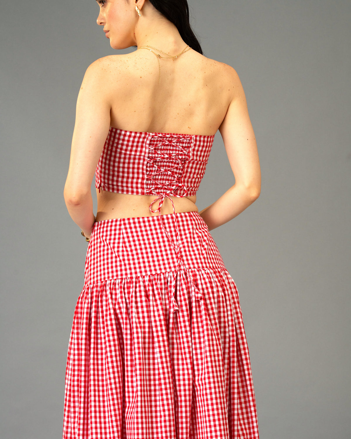 Poppy Field Orange Gingham Tiered Maxi Skirt