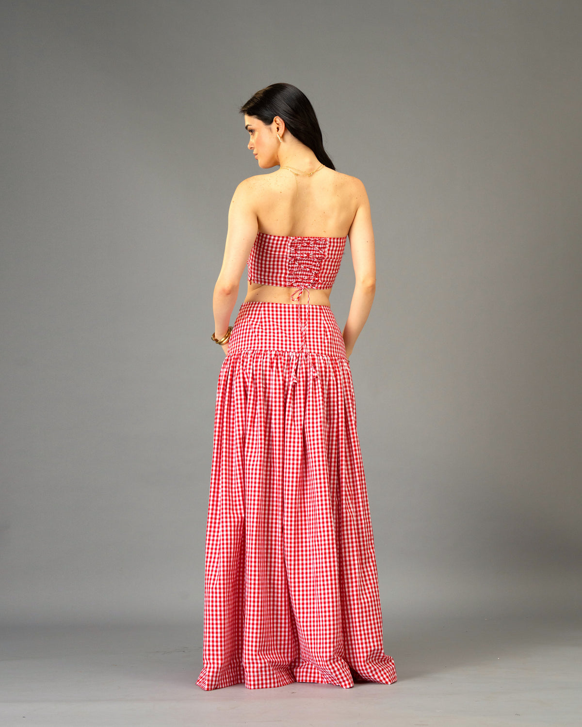 Poppy Field Orange Gingham Tiered Maxi Skirt