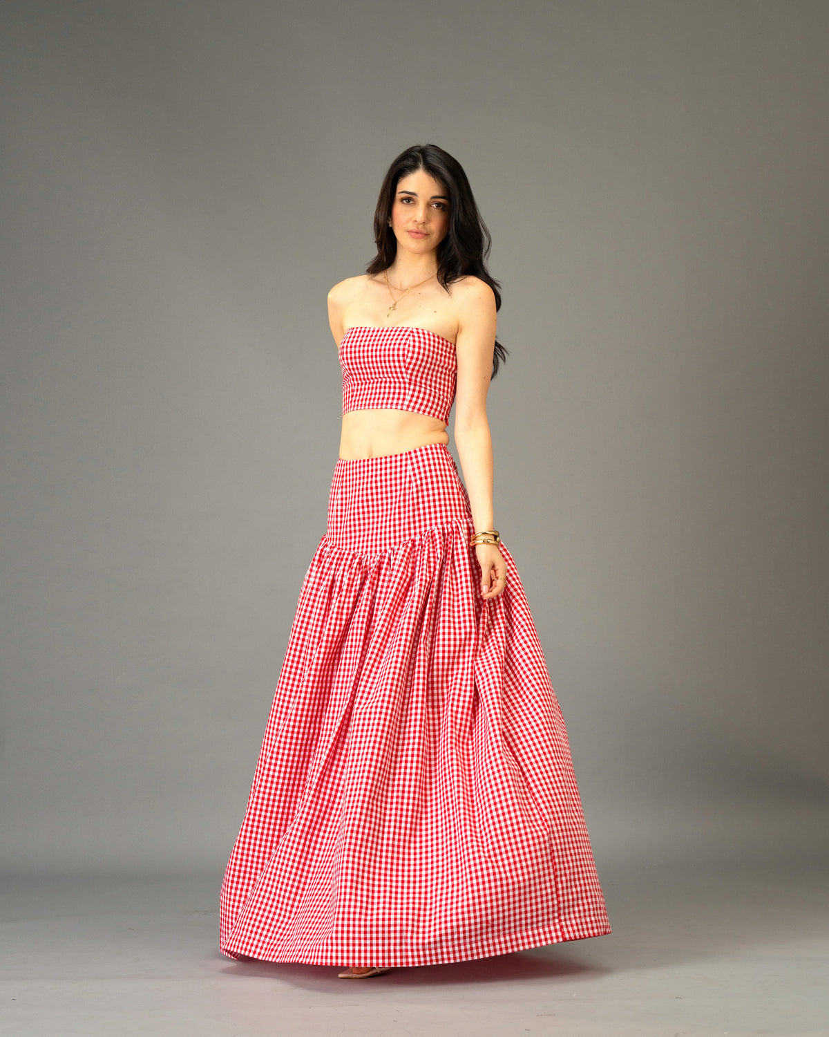 Poppy Field Orange Gingham Tiered Maxi Skirt