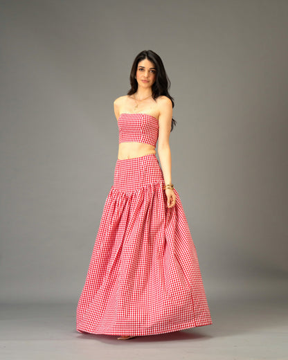 Poppy Field Orange Gingham Tiered Maxi Skirt