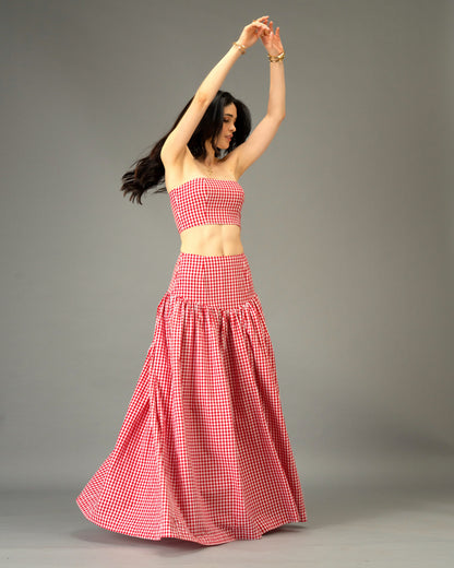 Poppy Field Orange Gingham Tiered Maxi Skirt