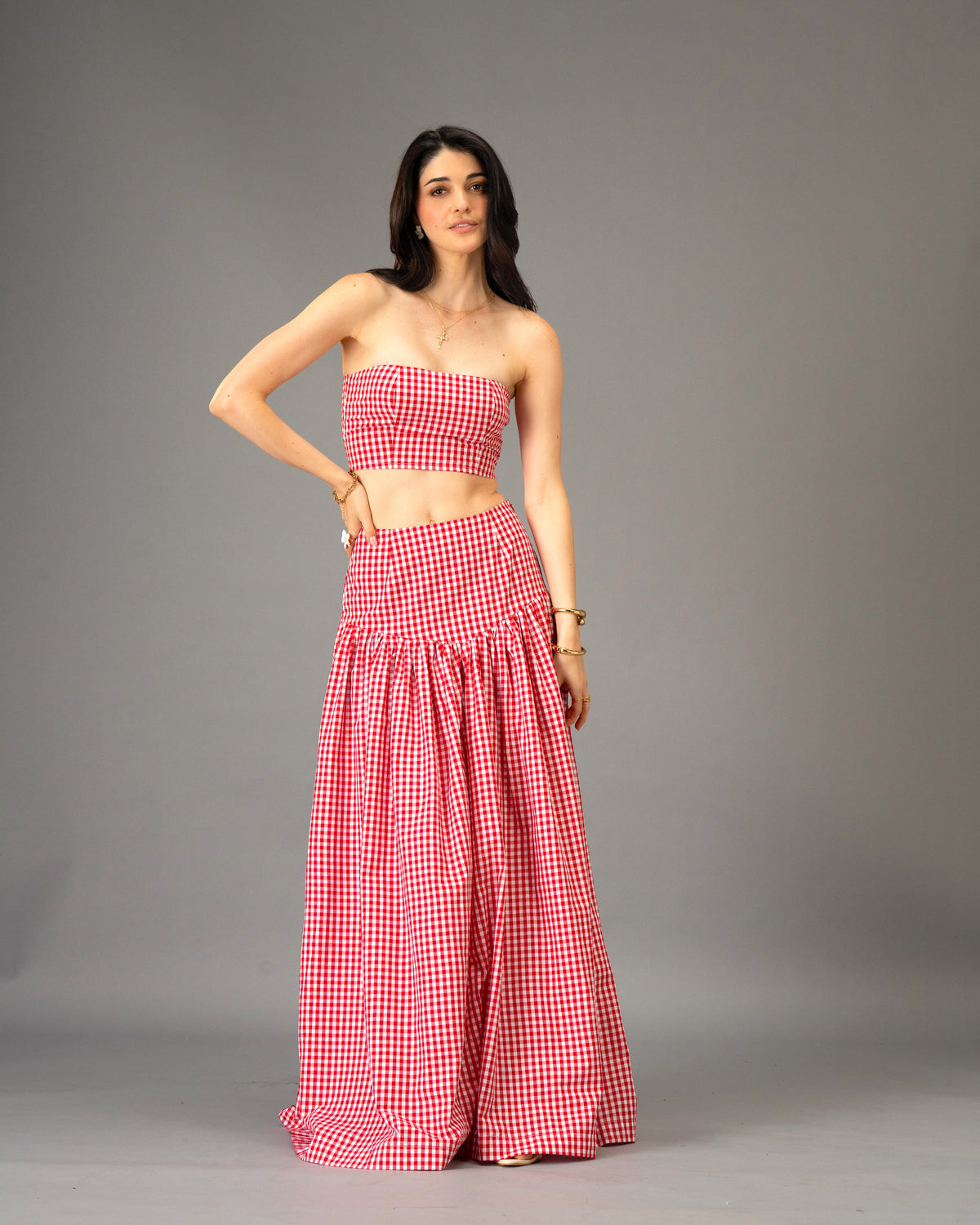 Poppy Field Orange Gingham Tiered Maxi Skirt
