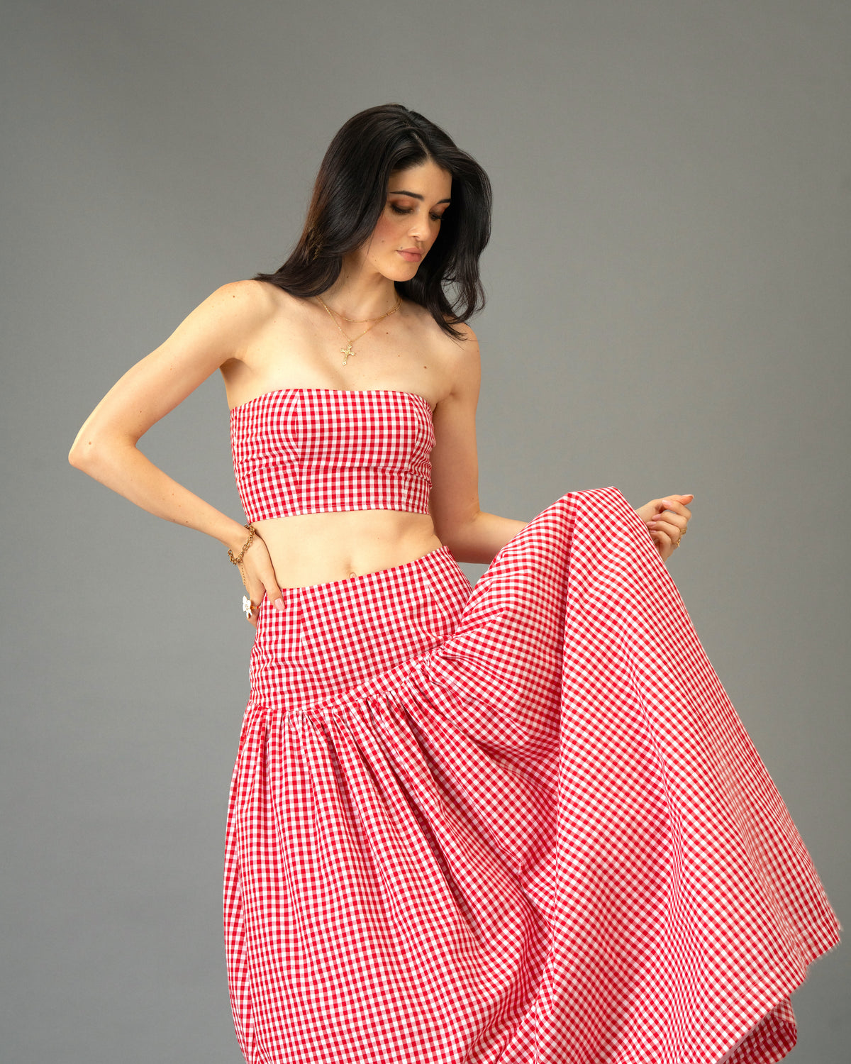 Poppy Field Orange Gingham Tiered Maxi Skirt