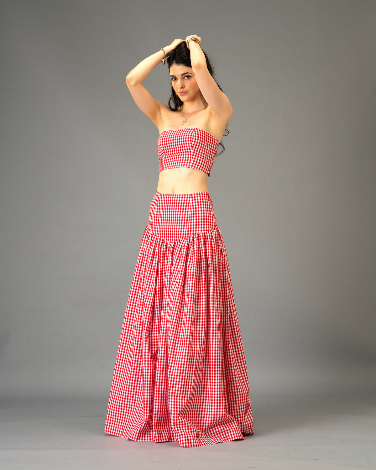 Poppy Field Orange Gingham Tiered Maxi Skirt