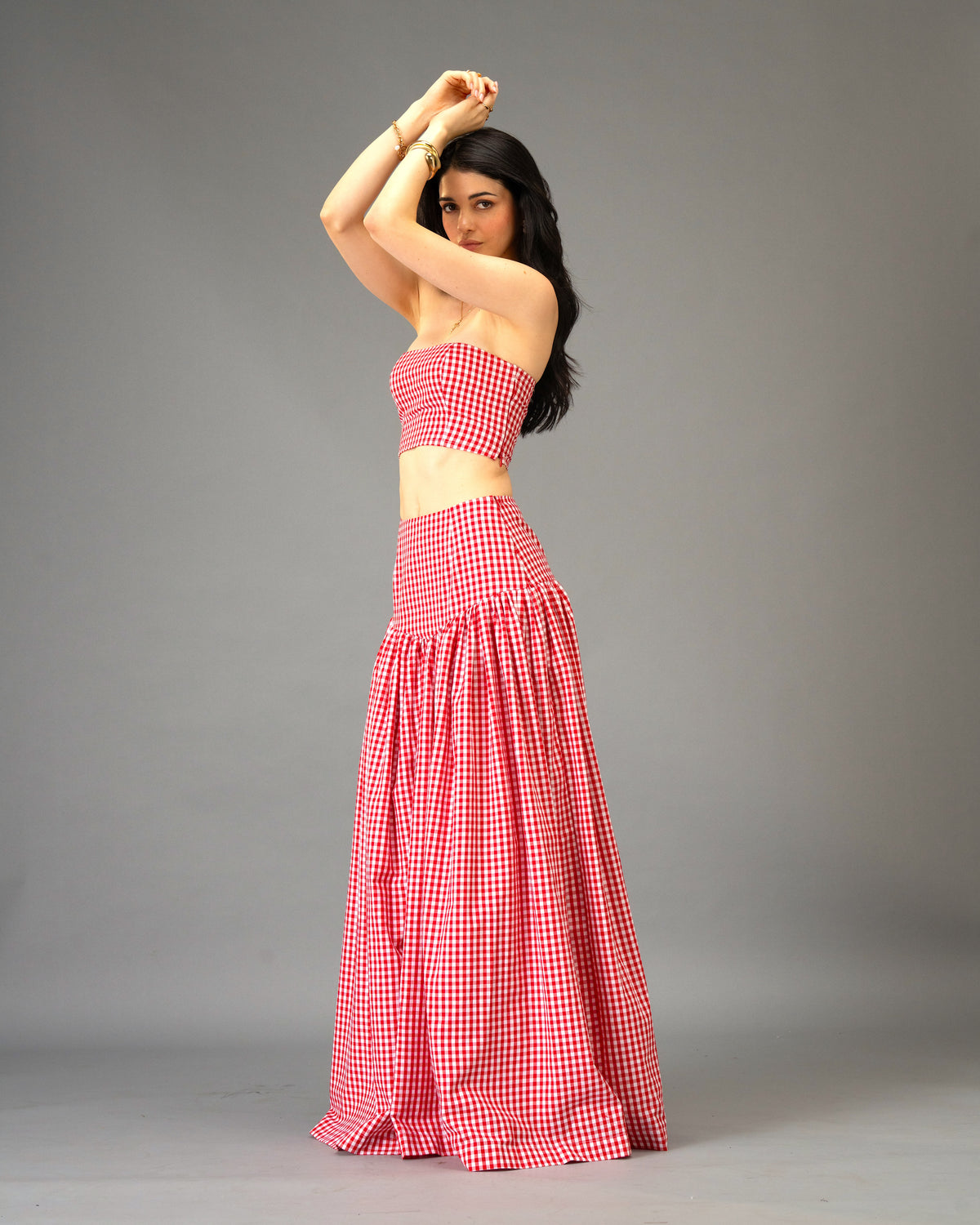 Poppy Field Orange Gingham Tiered Maxi Skirt