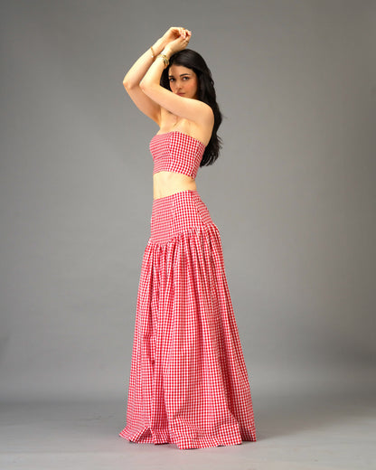 Poppy Field Orange Gingham Tiered Maxi Skirt