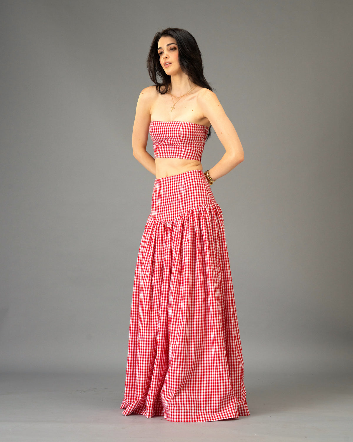 Poppy Field Orange Gingham Tiered Maxi Skirt