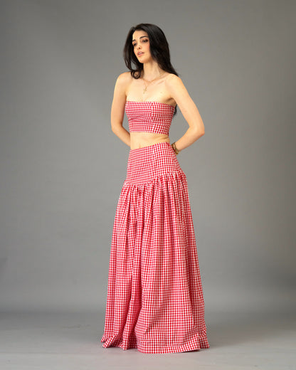 Poppy Field Orange Gingham Tiered Maxi Skirt