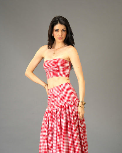 Poppy Field Orange Gingham Bandeau Top and Tiered Maxi Skirt Co-Ord Set